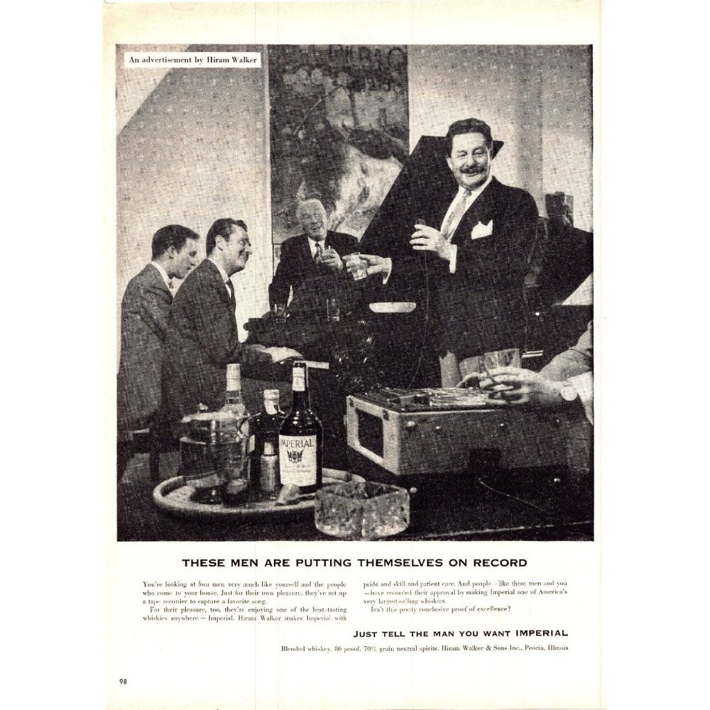 1952 Imperial Whiskey Vintage Print Ad Singer Record Player Piano 50s Wall Art